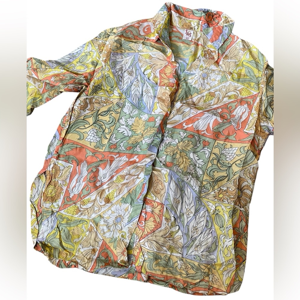 SAS Slax and Such Vintage 60s Earthy Hippie Natural Boho Floral Long Sleeve Top